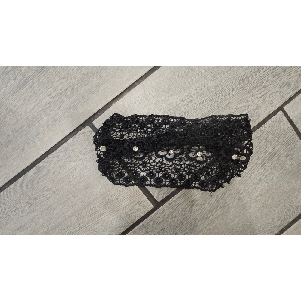 Black Floral Lace Headband with Beads and Rhinestones Elastic Hair Accessory